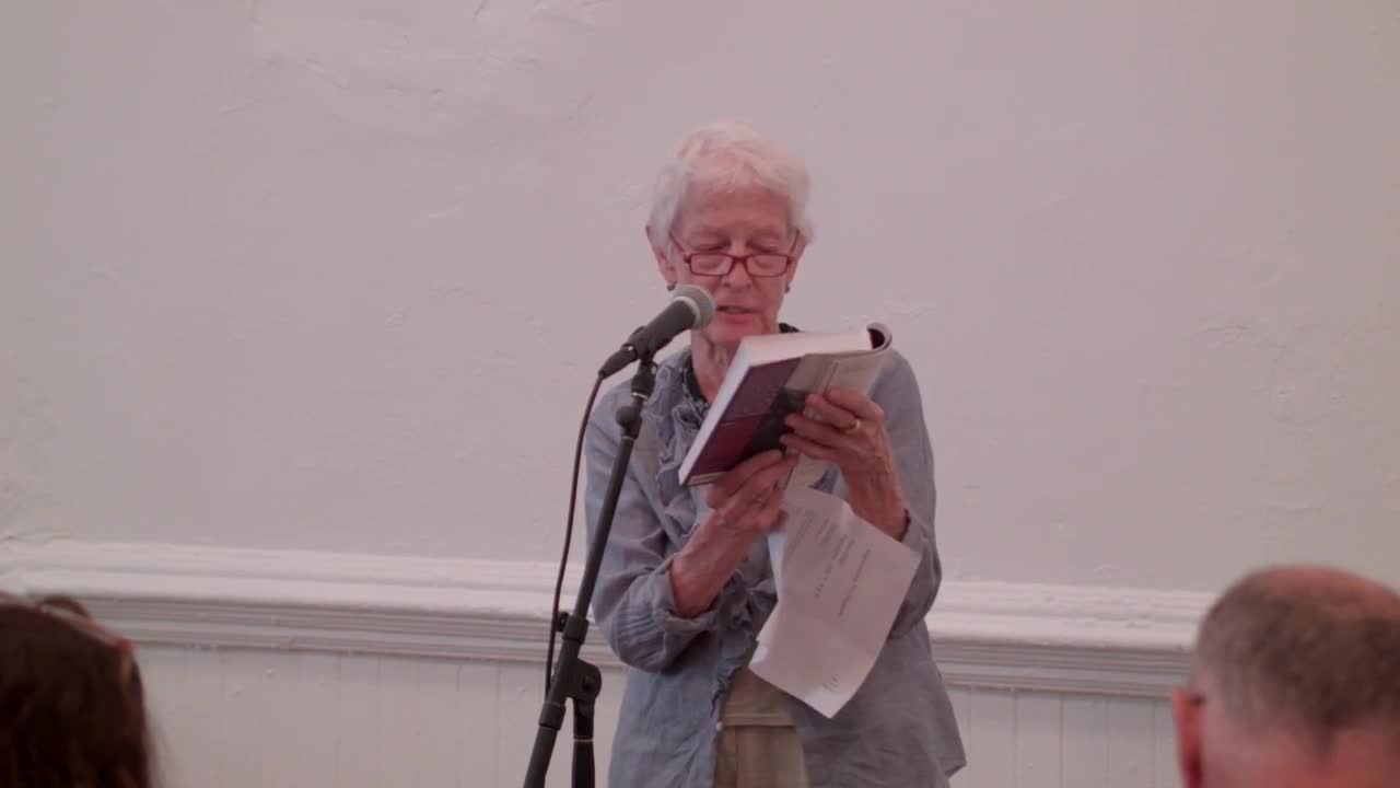 A person reads from a book to a seated audience.