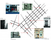 A stylized map of SoHo and TriBeCa, stretching in latitude from West Houston Street to White Street, and in longitude from Hudson Street/West Broadway to Broadway. Each past location is marked by a red dot, indicating its address and years active, alongside a photo of the space's exterior.