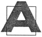 A black, sans-serif A on a white background, with a black outlined square positioned at once in front and behind the letter, intersecting it at all three corners.