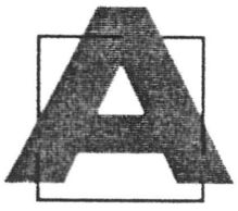 A black, sans-serif A on a white background, with a black outlined square positioned at once in front and behind the letter, intersecting it at all three corners.