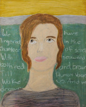 The bust of a teenage girl looking up and away from the viewer's perspective, with a green, grey and yellow background. On the green section, white text reads, 