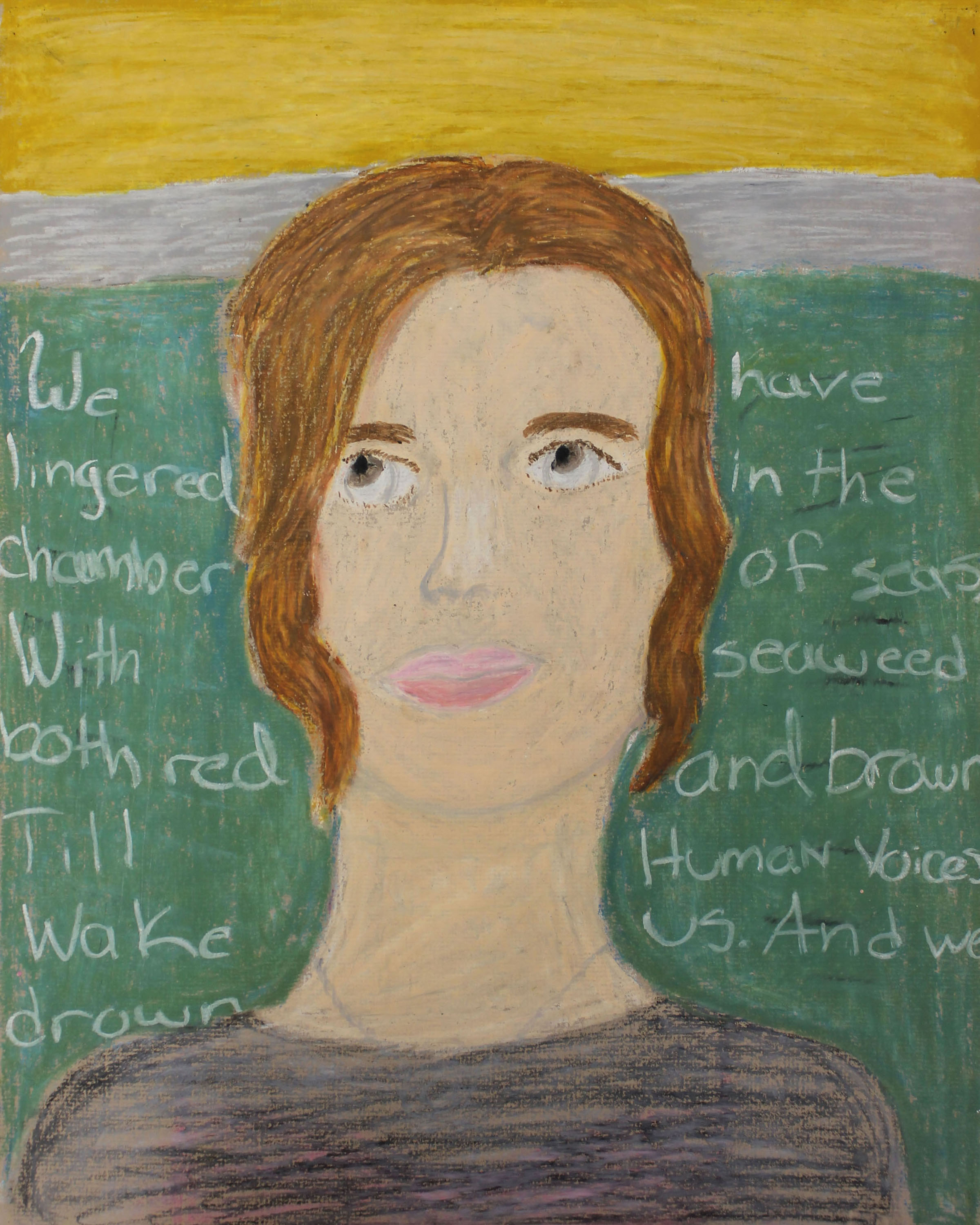 The bust of a teenage girl looking up and away from the viewer's perspective, with a green, grey and yellow background. On the green section, white text reads, 