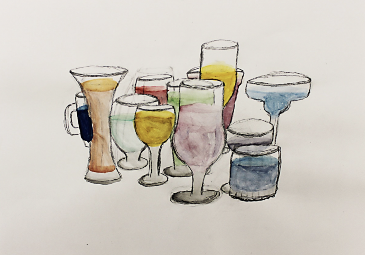 A drawing of several glasses of varying shapes holding colorful liquids suspended on a flat background