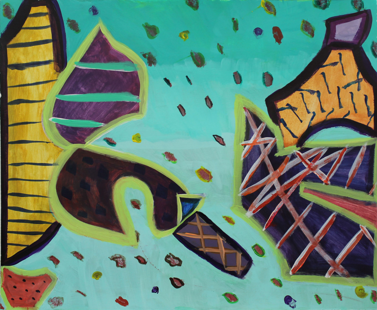 An abstract painting depicting several geometric figures against a turquoise background, arranged on either side of the canvas. Each figure has a green or brown outline and various colored patterns inside. Several outlined circles and squares grid across the background of the image