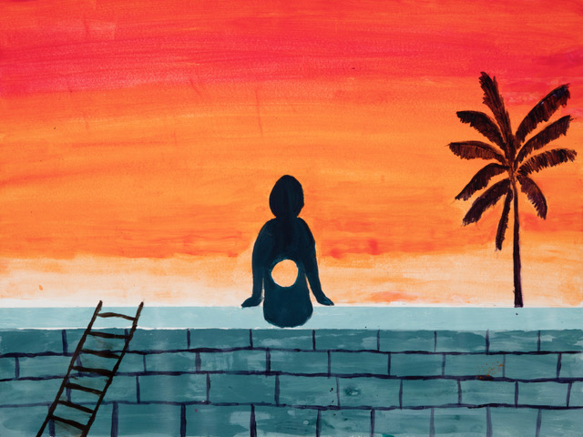A stylized painting of a silhouette sitting on the edge of a brick wall, looking out at a vibrant sunset, with a palm tree in the distance