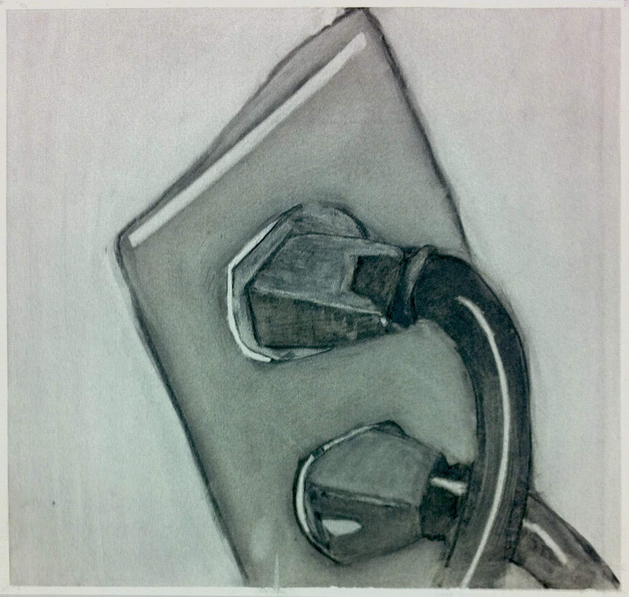 A skewed, black-and-white drawing of a power outlet, with cords connected to both plugs.