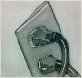 A skewed, black-and-white drawing of a power outlet, with cords connected to both plugs.