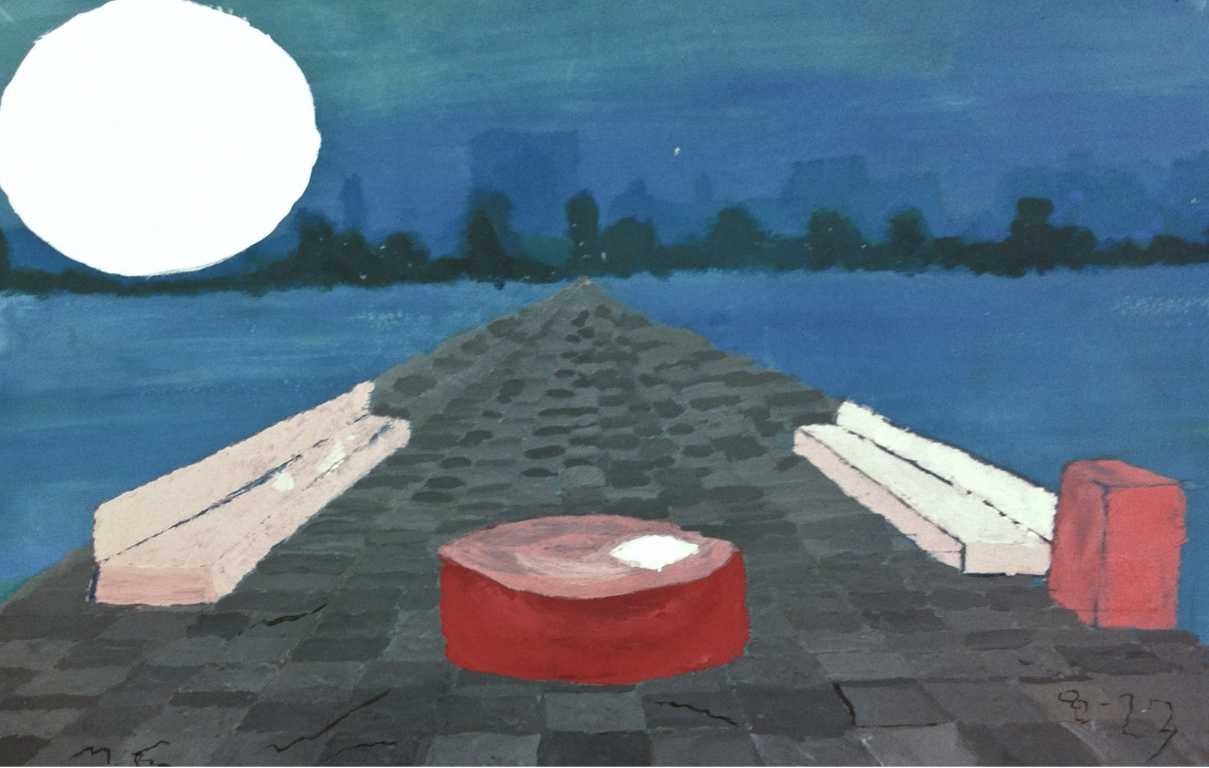 An artwork depicting a long pier with checkered black floor, splitting a waterway, with the outline of a city skyline in the distance. Two long cream-colored couches appear in the foreground, alongside a round and rectangular red table. The top left corner of the image contains an empty white circle