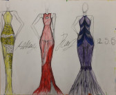 Three long and slim dresses on mannequin figures - one yellow, one orange, and one blue. Her signature and the date (12.5.15) appear in between each figure