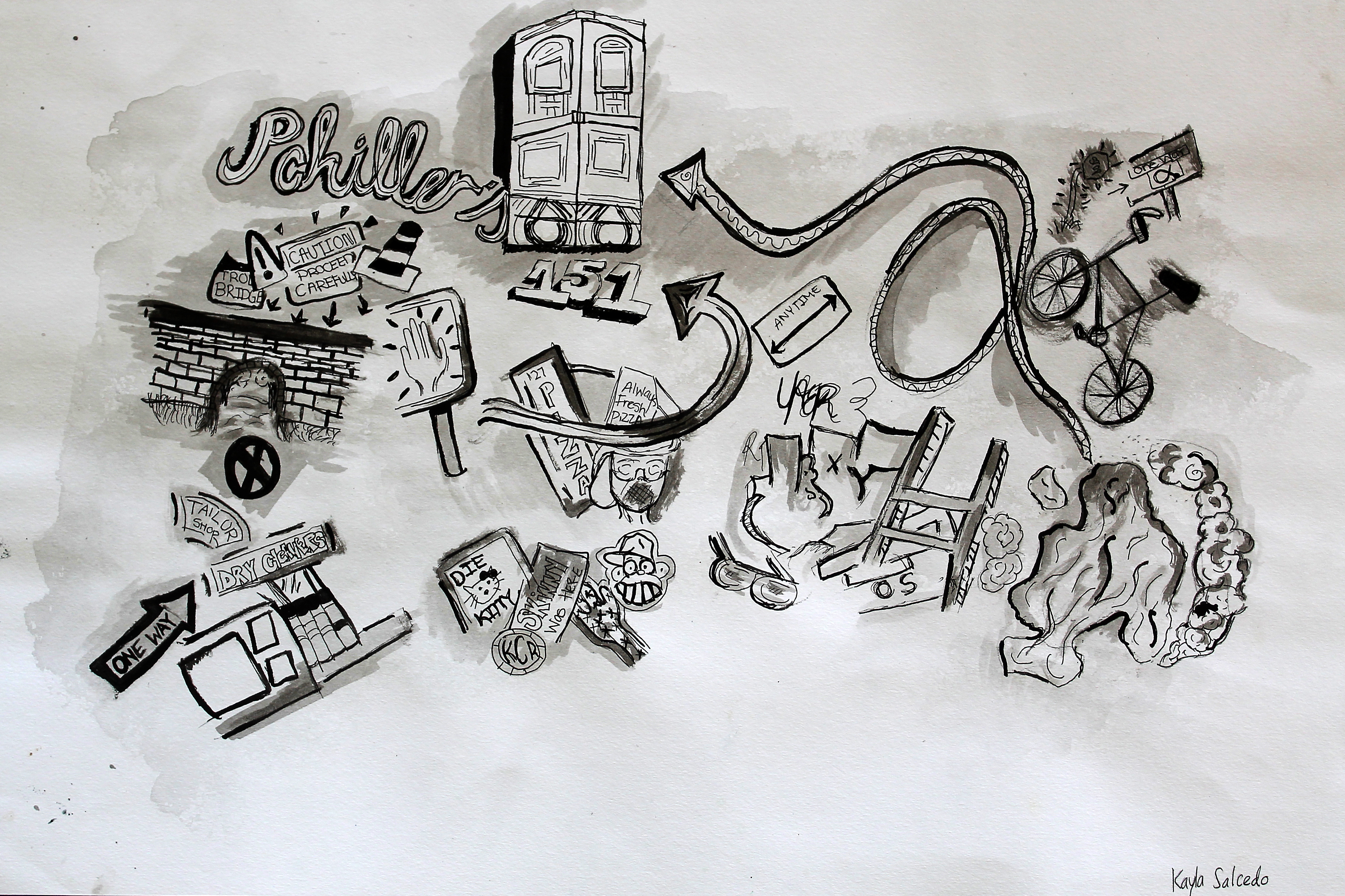 A black-and-white drawing in a collage style, depicting many public parking signs, street-level façades, advertisements, buildings, a bycicle, smoke, and two large, flowing arrows