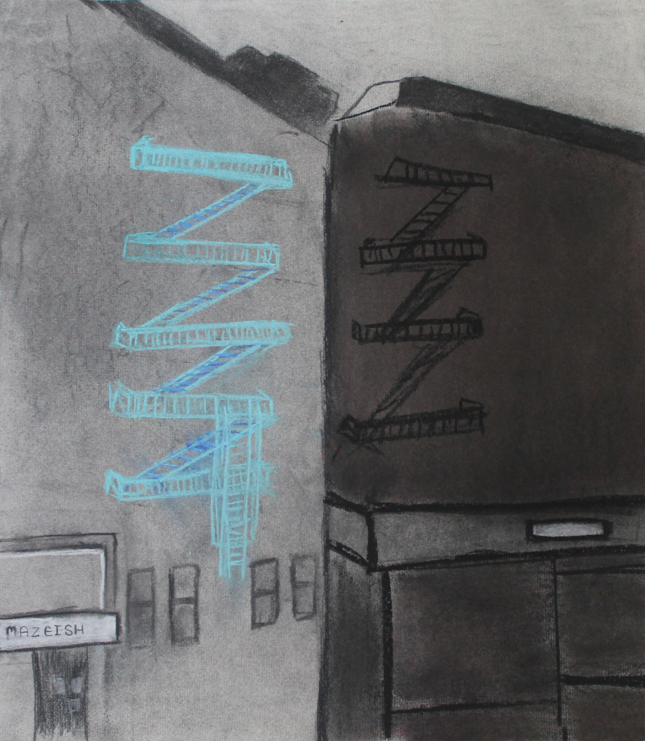 A mostly black-and-white image depicting the façades of two buildings - one is light grey with a turquoise fire escape, and the other is dark grey with a black fire escape. On the lighter building, the street-level storefront says "Mazeish"