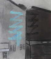 A mostly black-and-white image depicting the façades of two buildings - one is light grey with a turquoise fire escape, and the other is dark grey with a black fire escape. On the lighter building, the street-level storefront says 