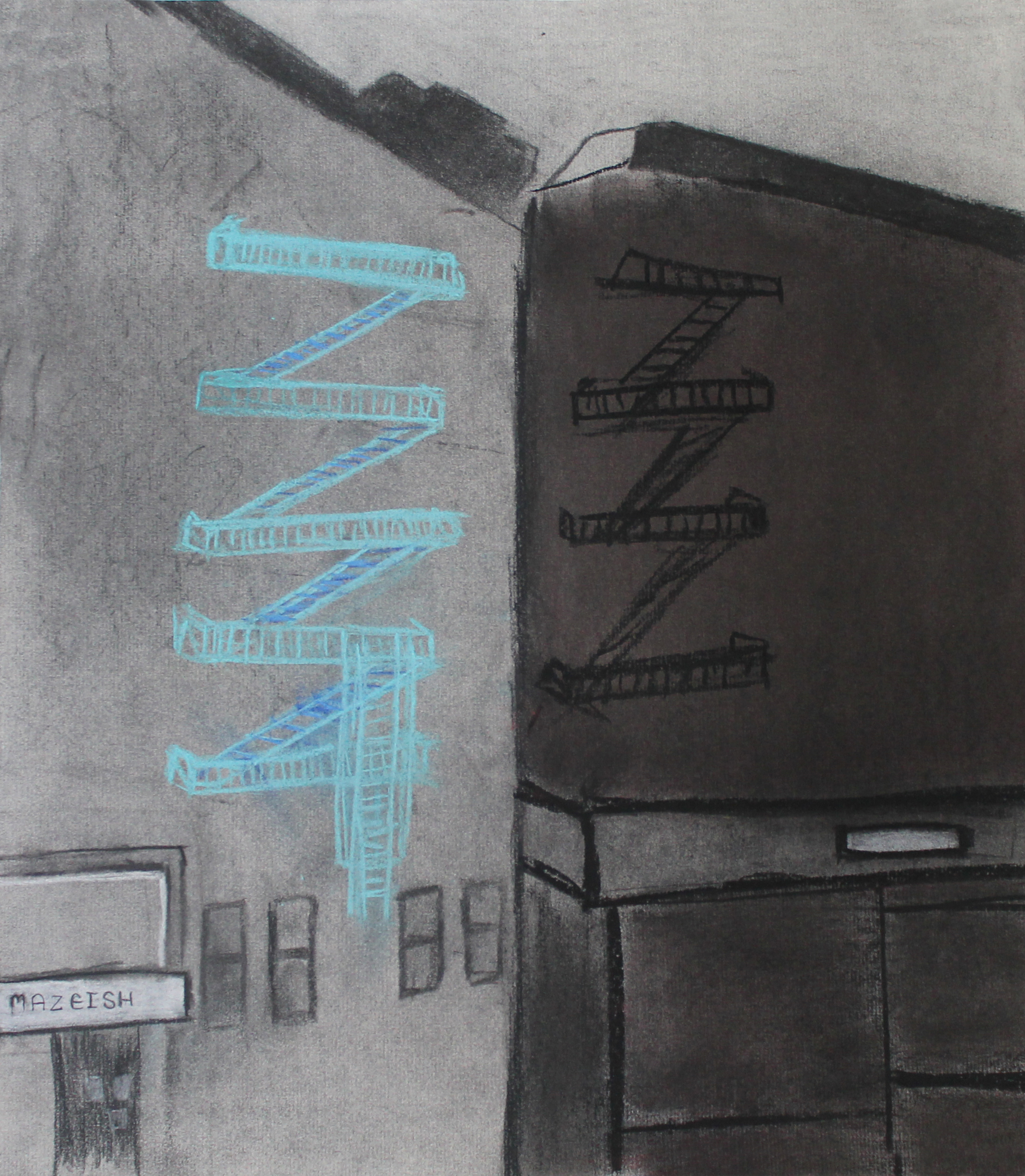 A mostly black-and-white image depicting the façades of two buildings - one is light grey with a turquoise fire escape, and the other is dark grey with a black fire escape. On the lighter building, the street-level storefront says 