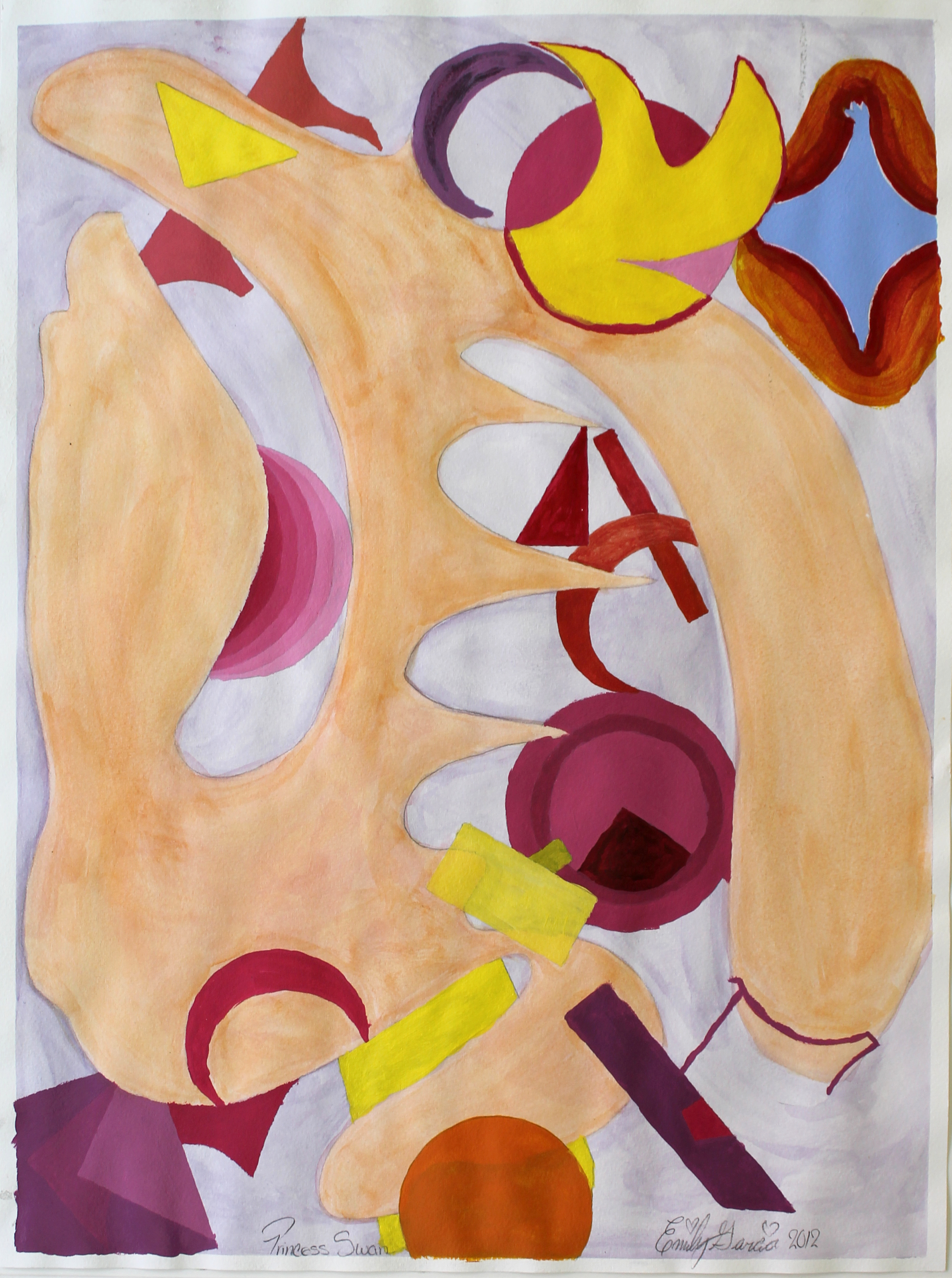 An abstract, colorful drawing, with several geometric patterns overlaid with freehand flowing shapes.