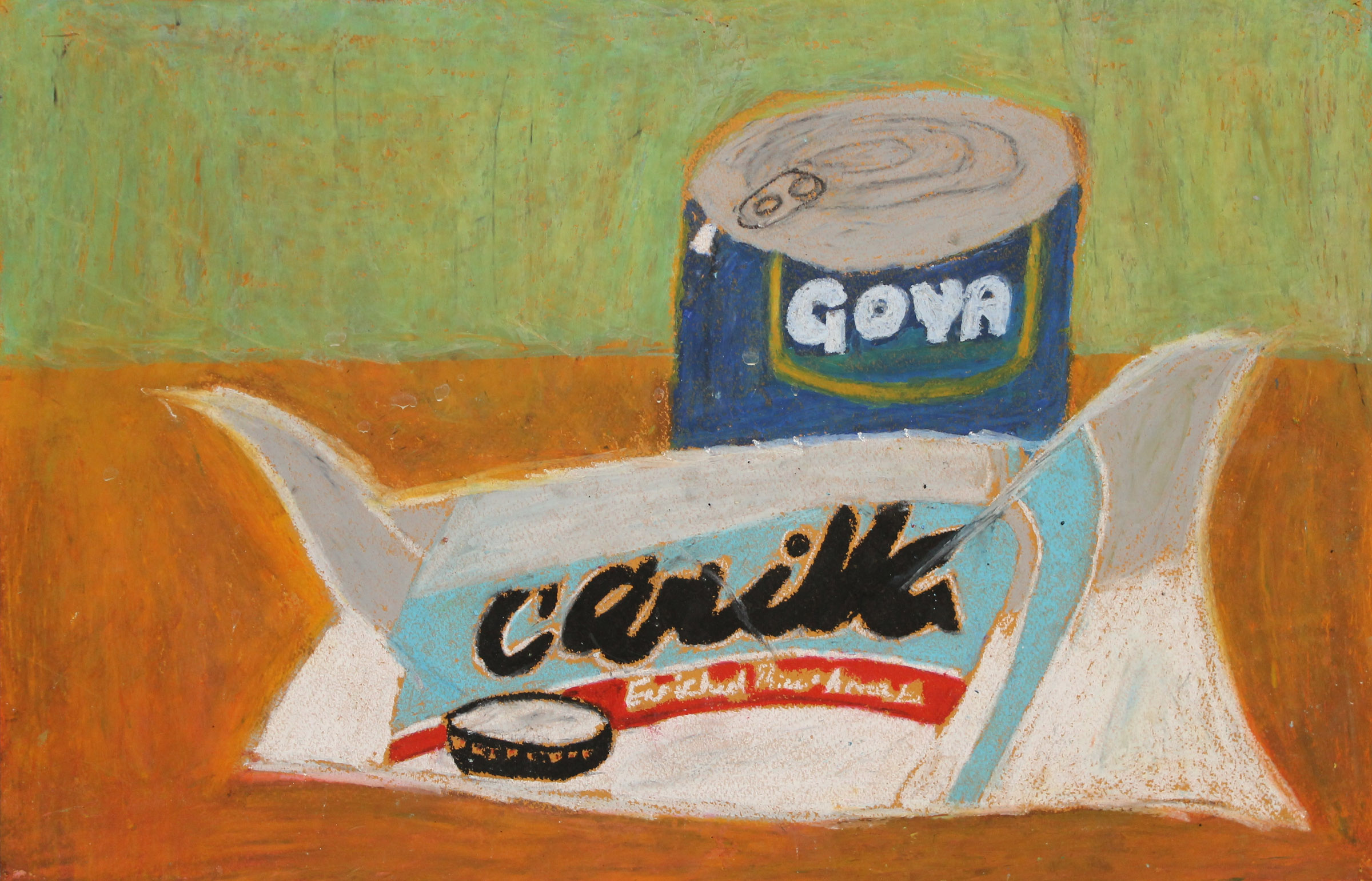 A colorful drawing of a Goya can behind a package of canilla enriched rice, and an empty cap. Each object is lying on an orange surface, with a green background