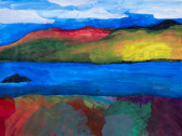 A colorful painting of a landscape, with a river running through the center of the image, a mountain across the river and a cloudy sky