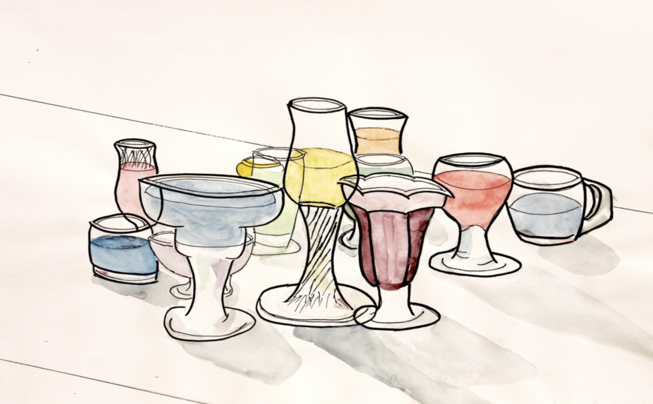 A pen and watercolor artwork of several glasses resting on a surface, each filled with different color liquids and casting shadows towards the viewer