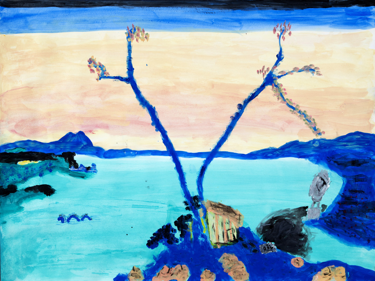 A painting depicting a blue tree and landscape with a turquoise lake against a peach-colored sky. Several areas of the water are black