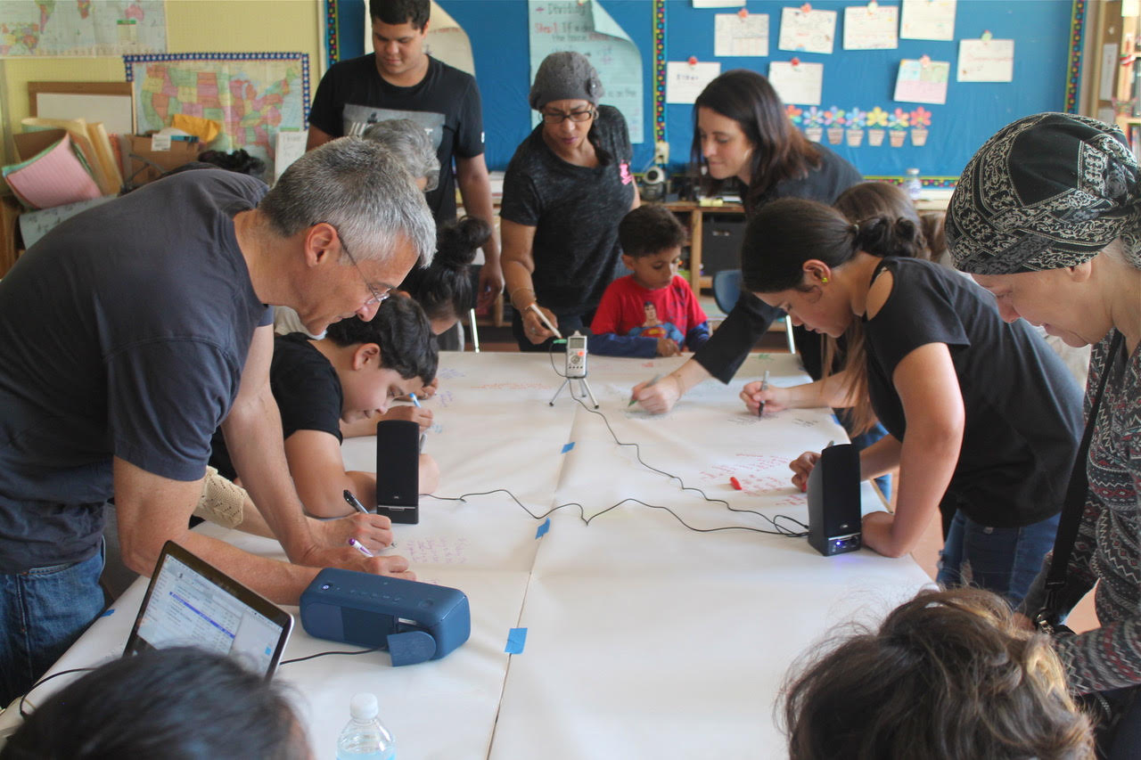 A photo of several stduents and adults standing across a large table. The table is covered in two large white sheets of paper, and several speakers are plugged into a laptop and sound recorder, pointed around the room. People write on the paper.