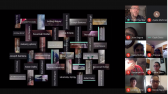 A screenshot of a video call presentation. Names of individuals are weaved together digitally in a quilt-like fashion. These names are flanked on the right side by the images of ten individuals who are joining the call remotely.