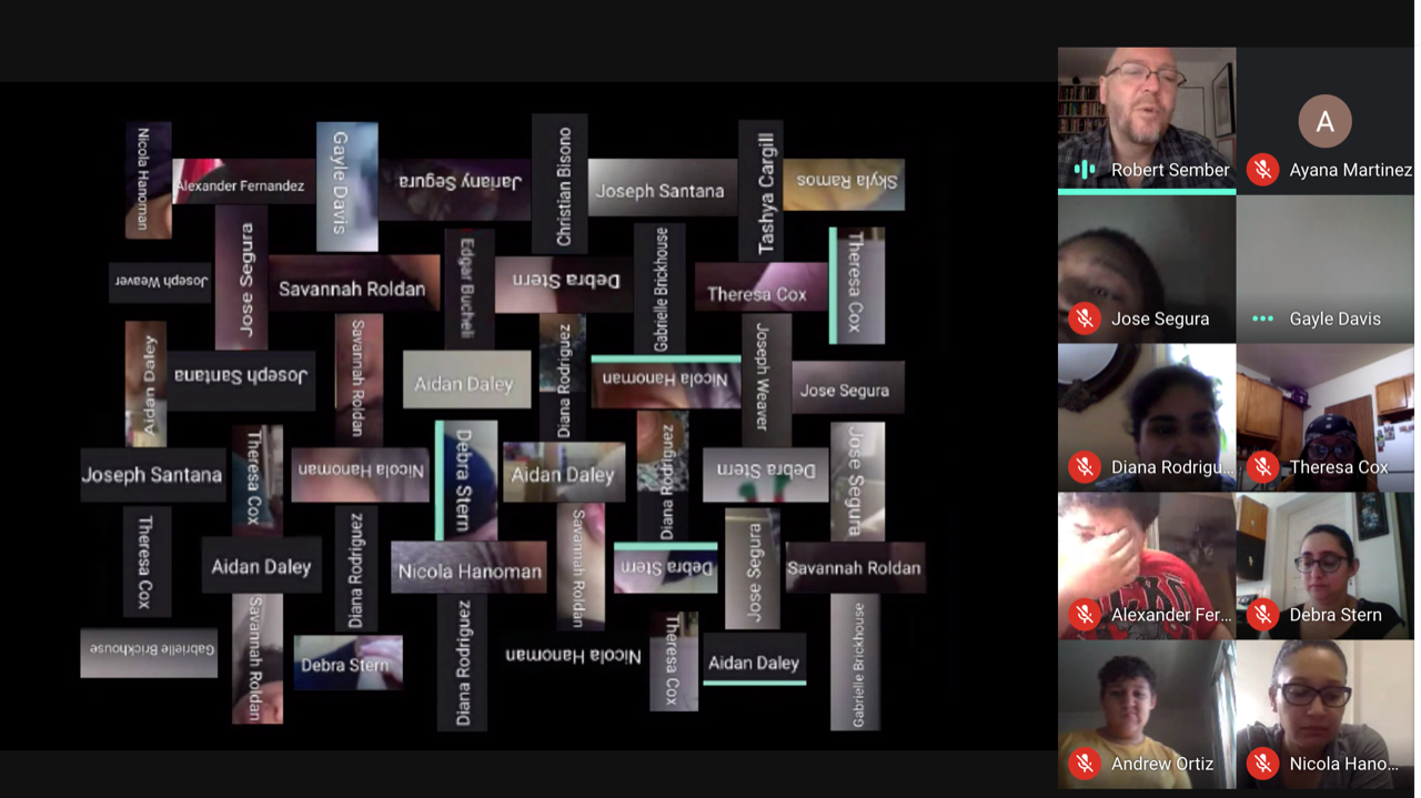 A screenshot of a video call presentation. Names of individuals are weaved together digitally in a quilt-like fashion. These names are flanked on the right side by the images of ten individuals who are joining the call remotely.