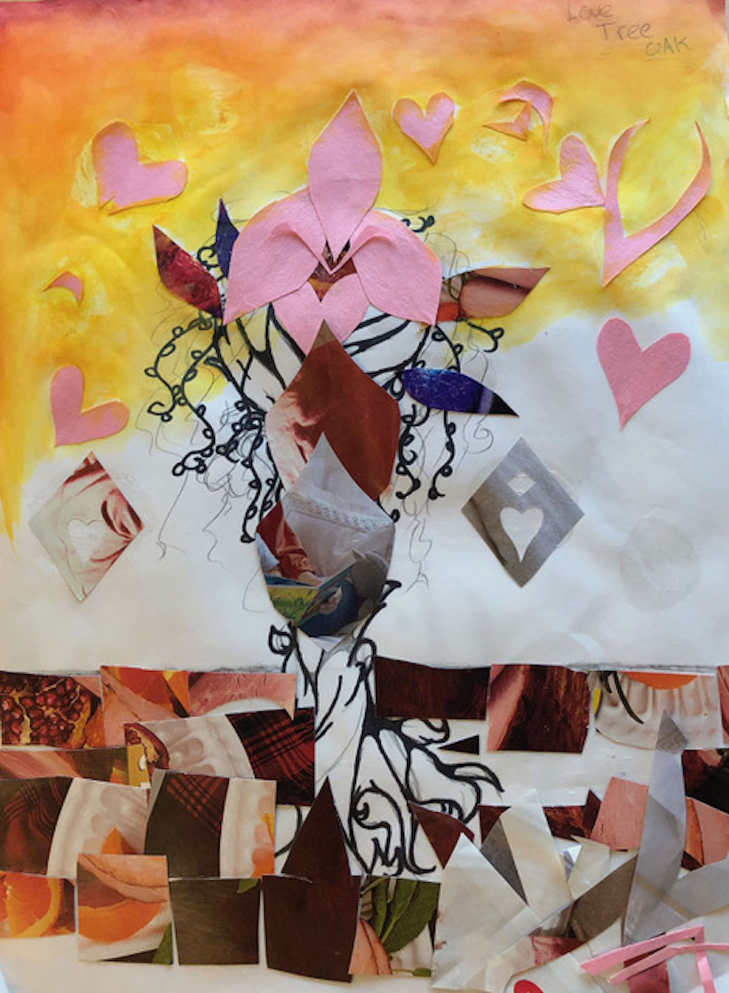 Photograph of a pink and yellow abstract collage with drawings in black ink and pecil. The words 