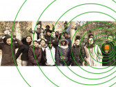 A cropped image of a group of students smiling for the camera in Tompkins Square Park. One holds a recording device, which has been overlaid with an opaque orange image of a lampshade. Green digital circles emanate out from it, as if to simulate a doppler-effected sound