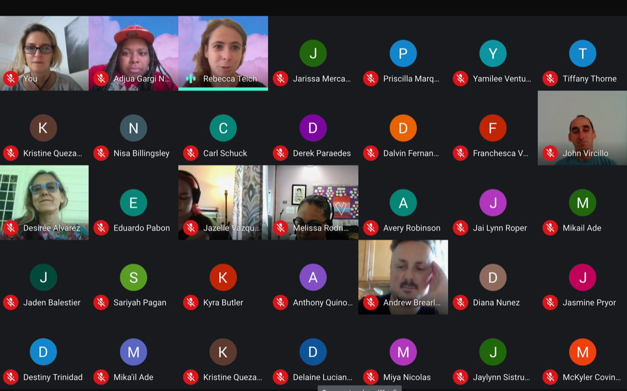 Screenshot of a digital meeting. Each user has their own box, either filled with an image of their face, or a colored circle with a white letter corresponding to the first letter of their first name.