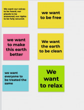 Six sticky notes with black text on a white background. From the top left corner: 