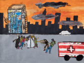 The top half of this painting shows a blue building ablaze on left. The building foregrounds an orange sky, grey clouds, a white car, and a black skyline. The bottom half uses a grey background with eight figures separated by a white rectangle in the center and an ambulance in the bottom right corner.