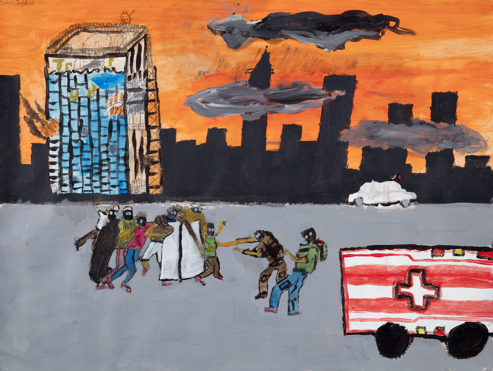 The top half of this painting shows a blue building ablaze on left. The building foregrounds an orange sky, grey clouds, a white car, and a black skyline. The bottom half uses a grey background with eight figures separated by a white rectangle in the center and an ambulance in the bottom right corner.