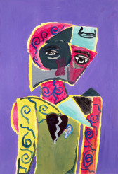 This painting depicts a figure comprised of geometric shapes in saturated pinks, greens, yellows, and blues on a purple background. The arms, neck, and parts of the face are decorated with blue swirls and a brown, broken heart-like shape lies on top of the figure's chest.