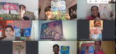 A screenshot of a video call. Several students are smiling while holding up artwork that depicts their respective family trees. The art varies in size, shape, and medium.