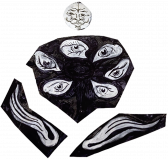 Cutouts of black and white illustrations arranged next to each other. In the center, several illustrated eyes form a circle. Above the eyes is a round, illustrated face, while two wings are positioned below the eyes.