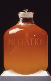 A large glass container filled with golden honey sits on a white surface against a dark backdrop. Serif text inscribed across the center of the jar reads, 