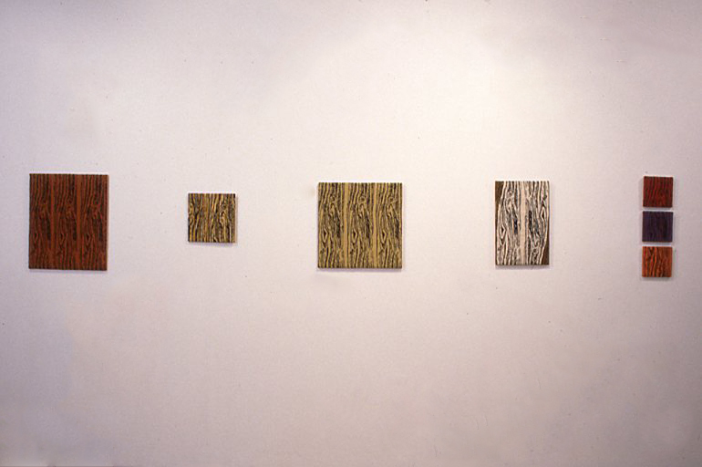 Five works depicting wood patterns in various tones are arranged in a horizontal line on a white wall.