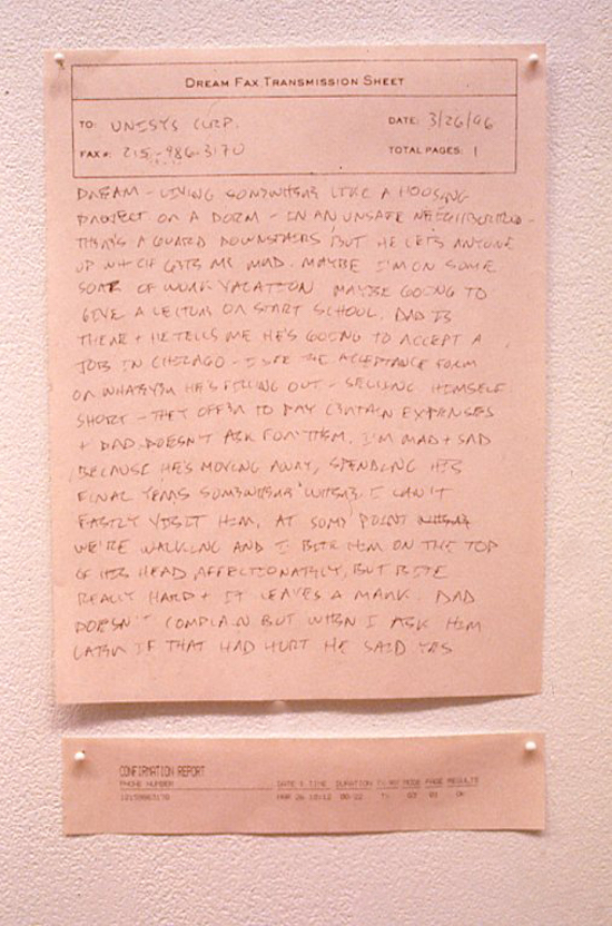 A pink piece of paper with the typed text "Dream Fax Transmission Sheet" positioned at its top edge. Underneath, there is a handwritten account of the artist