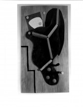 A black and white image of a painted abstract figure. In the left corner is sharp black line that consists of multiple ninety degree angles. Towards the right is a black figure collaged with multiple materals.