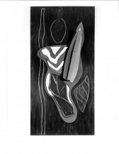 A black and white image of a painted abstract figure. The figure consists of multiple materials and line qualities.