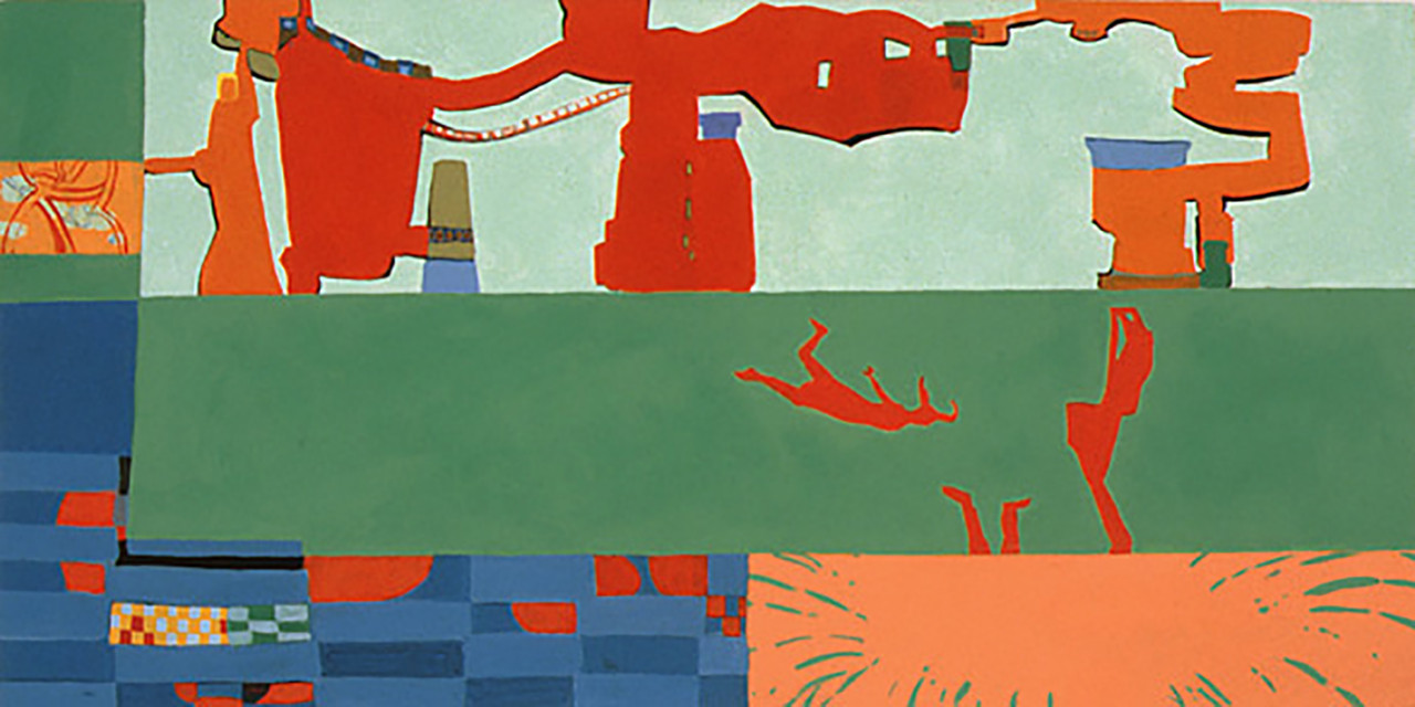 An abstract image featuring monotone areas of green, red, orange, and blue color. A large green rectangle stretches across the image's center. Three red shapes resembling falling figures are arranged within the green shape. To the left of the green shape, the composition is covered with a blue checkerboard pattern. Across the top portion of the image, amorphous, pipe-like red and orange forms twist and connect on a pale green backdrop.