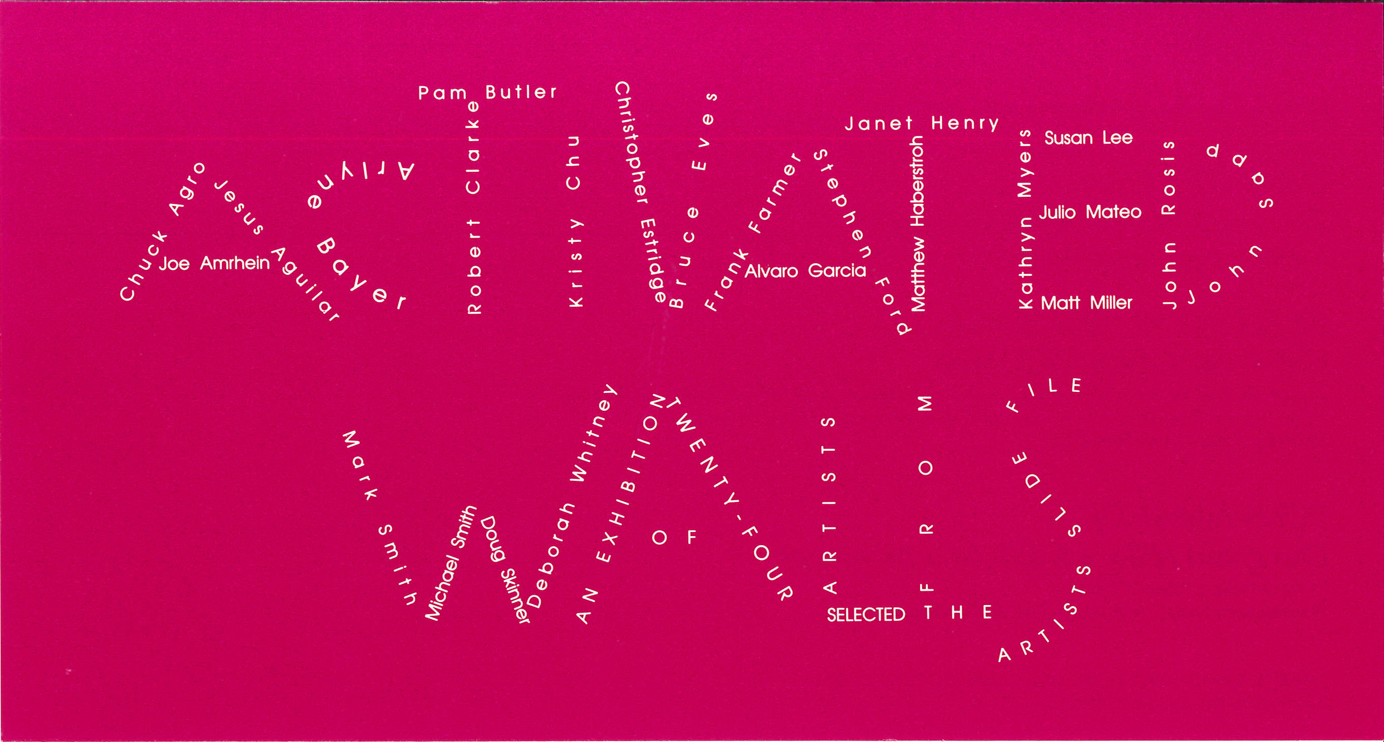 White text on a pink background spells out 24 artists' names, arranged to form the composite words 