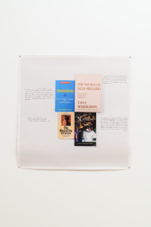 A digital print of four books with annotations on each side.