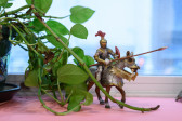 Partial view of a potted plant and a small figurine of a knight on horseback with a lance.