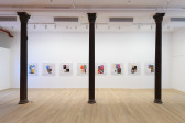 Eight digital prints are hung on a white gallery wall. In front of the wall are three floor-to-ceiling columns.