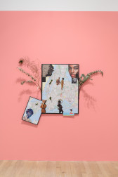 A collage of eucalyptus sprigs, other plants, and human figures attached to a framed map.