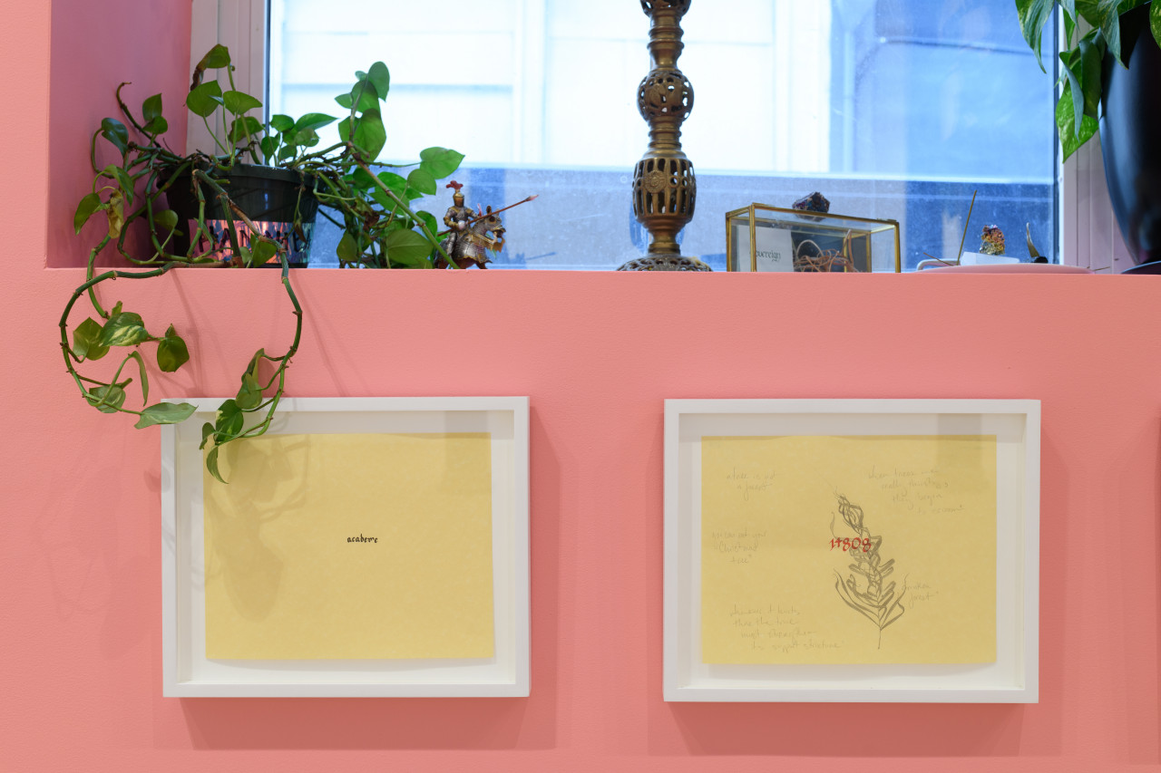 Potted plants and small figurines sit on the windowsill of a gallery space. Beneath the windowsill are two framed works on paper.
