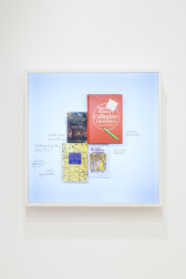 A photograph of a lightbox, mounted on the wall, of four books with annotations on each side.