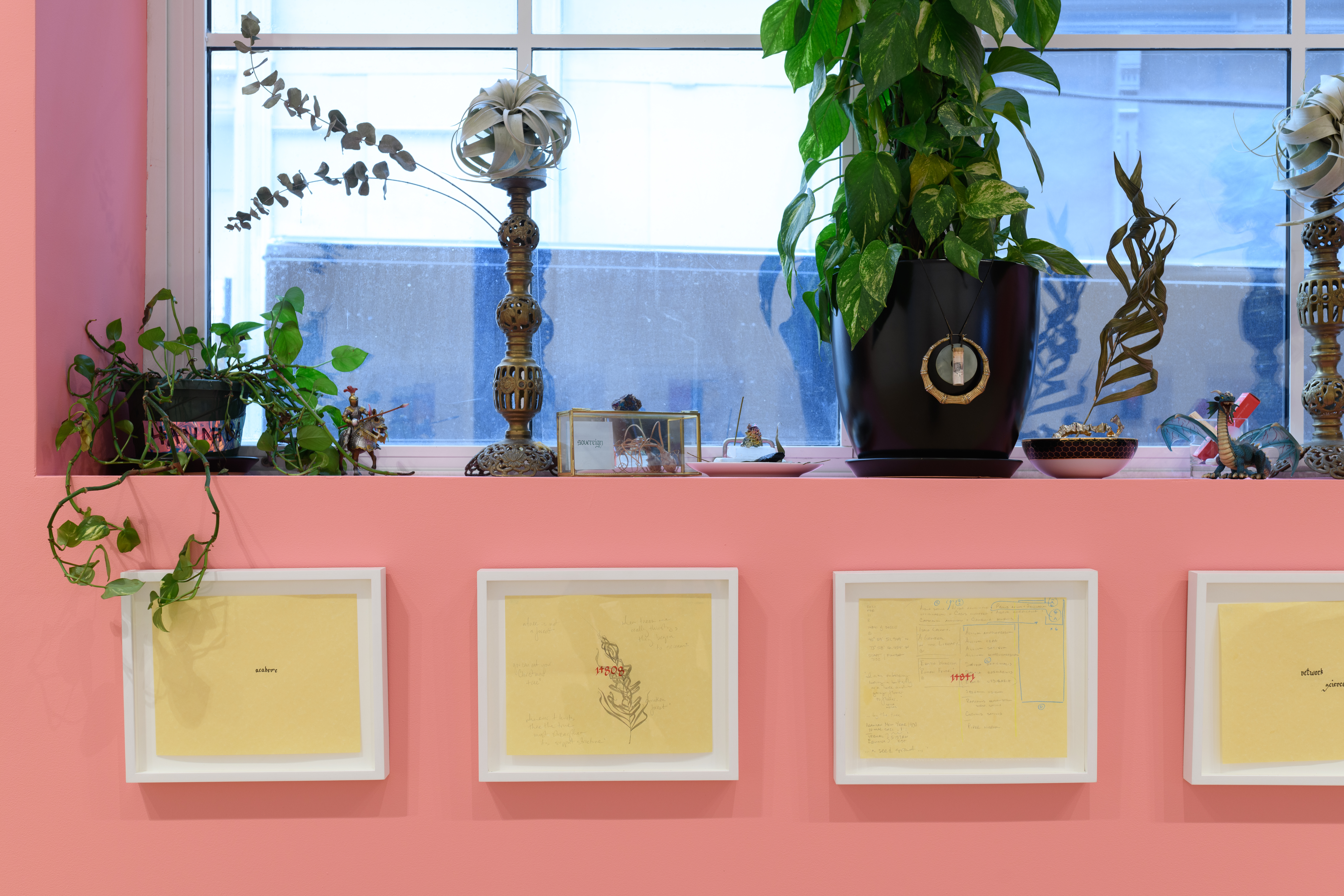 Potted plants and small figurines line the windowsill. Beneath the window are four framed works on paper.
