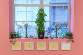 Potted plants and small figurines line the windowsill. Beneath are four framed works on paper and an empty frame.