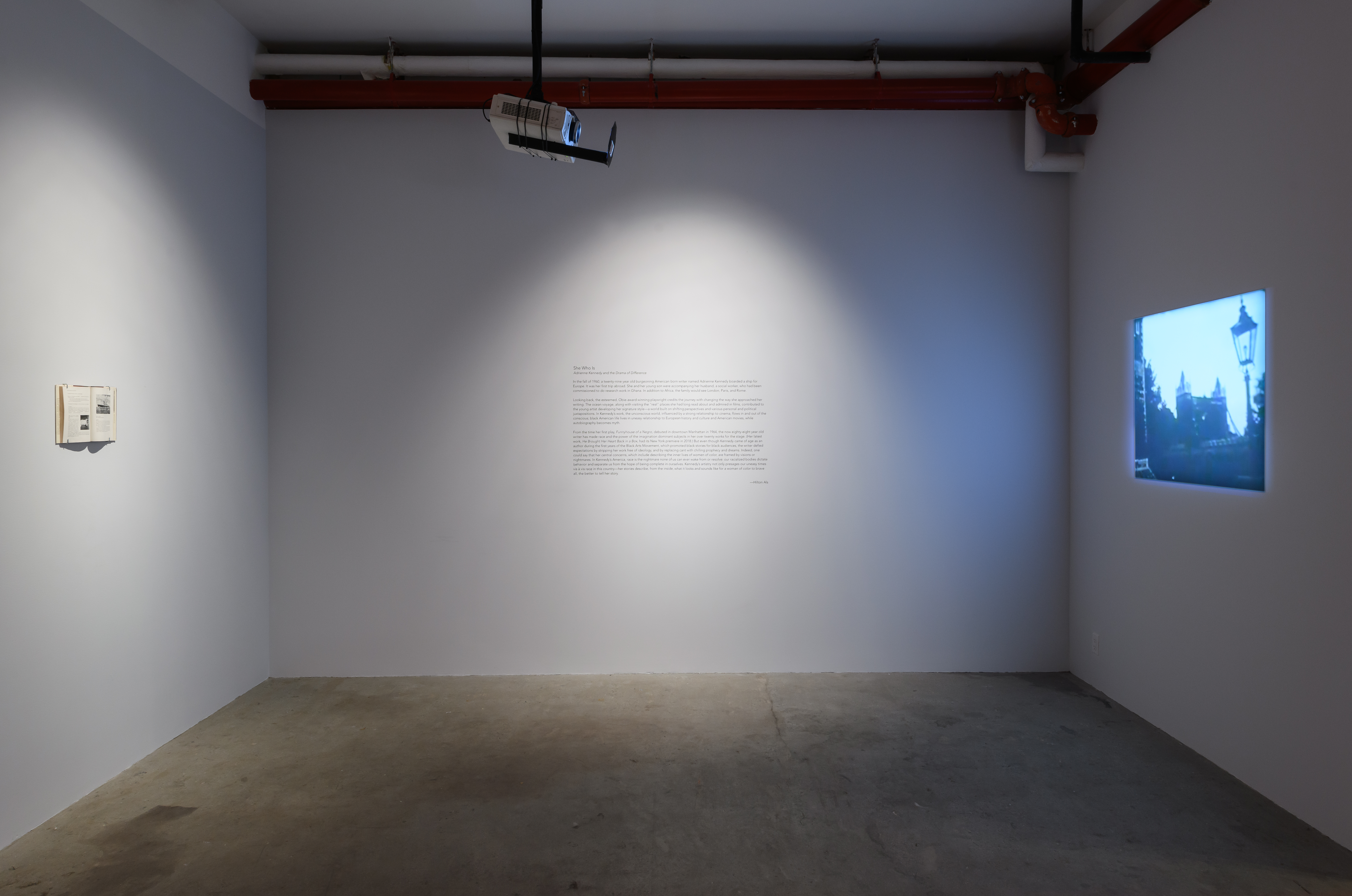 An open book, vinyl exhibition text which the header reads 